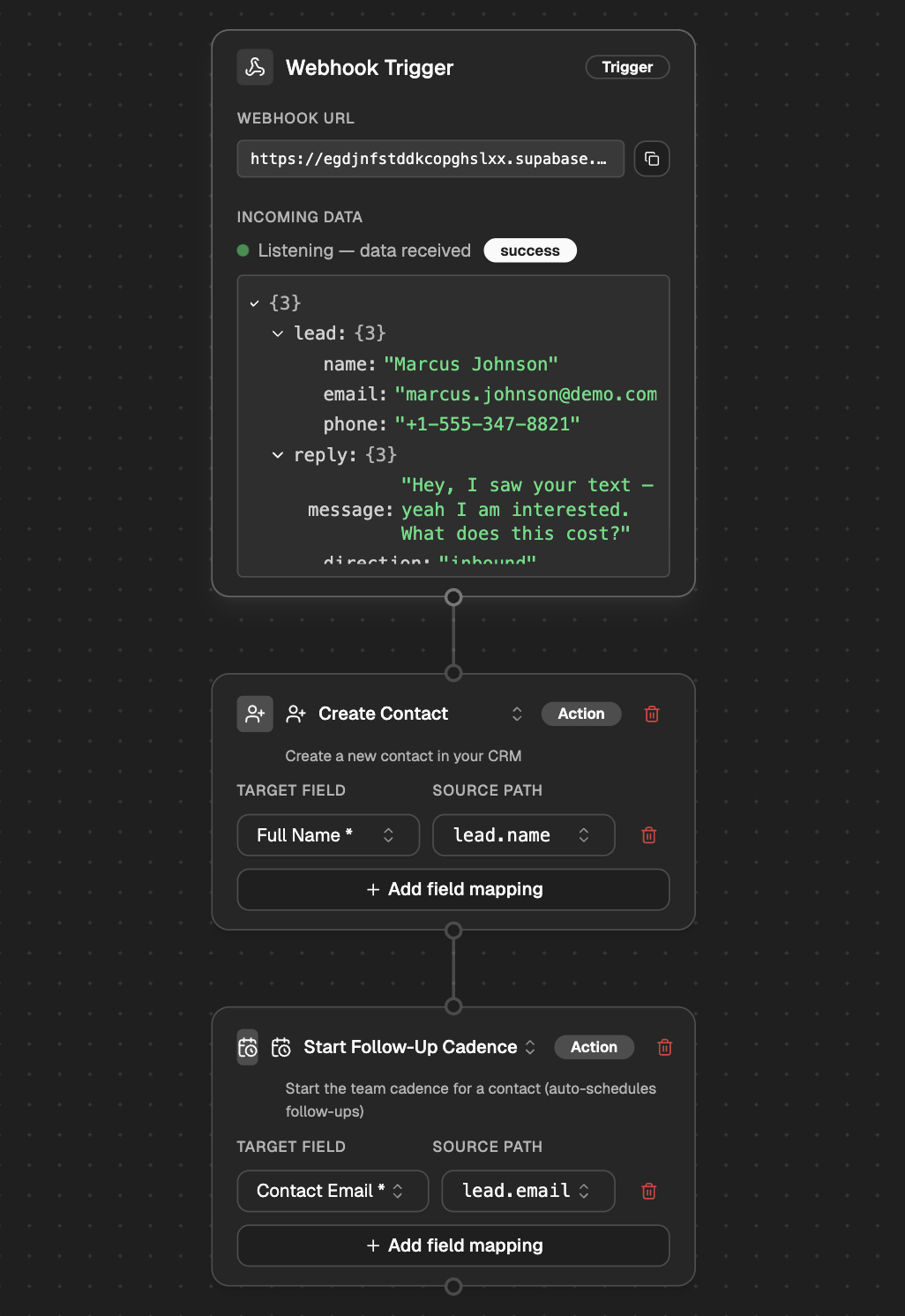 GetMyKPI automation workflow showing webhook trigger, create contact, and start follow-up cadence steps.